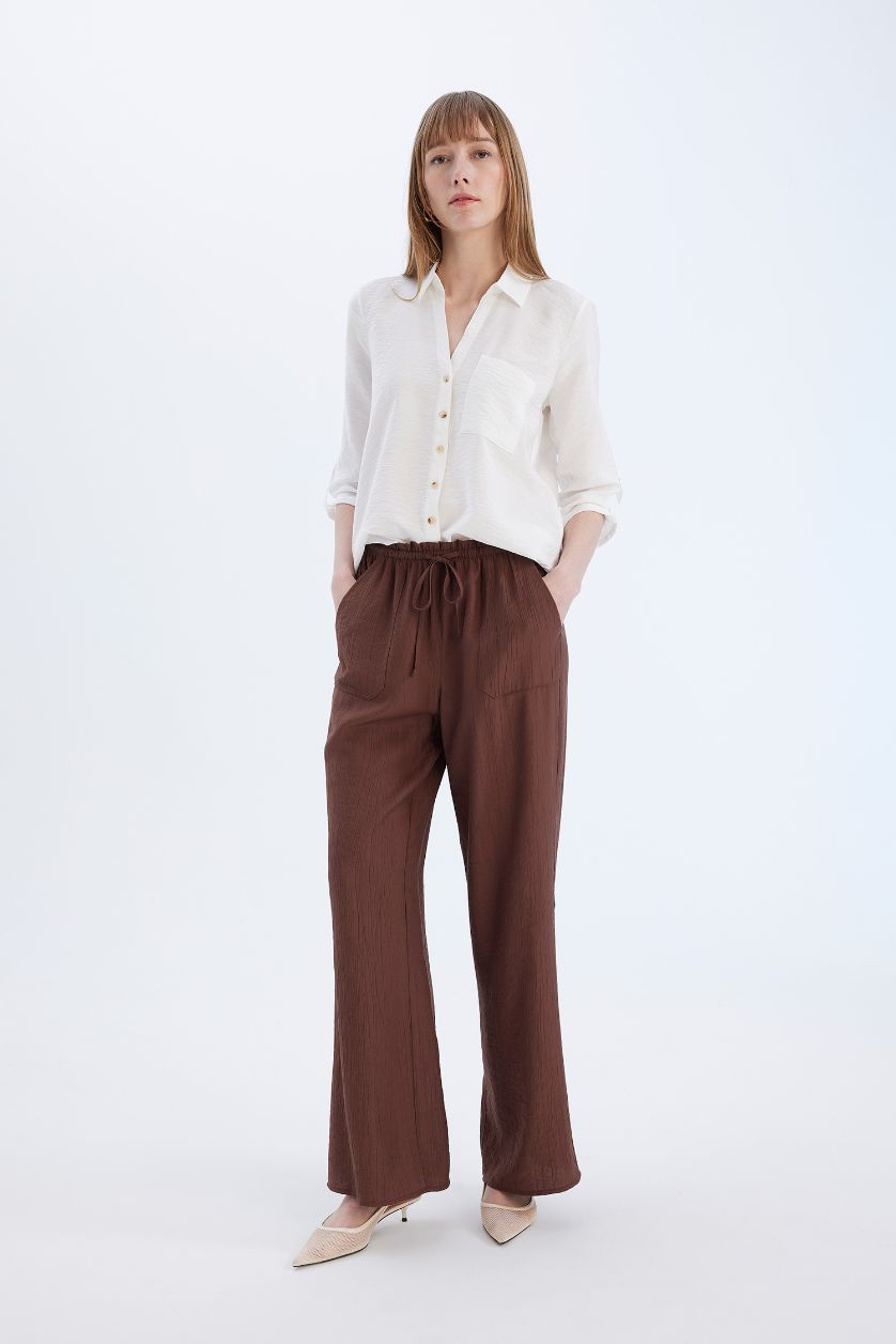 FEMME Marron Pantalon large à taille haute avec poches