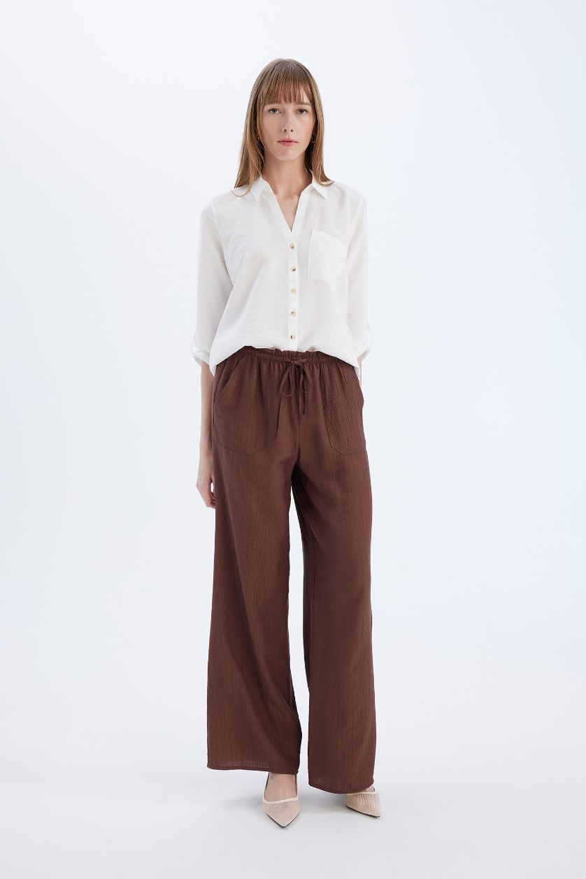 FEMME Marron Pantalon large à taille haute avec poches