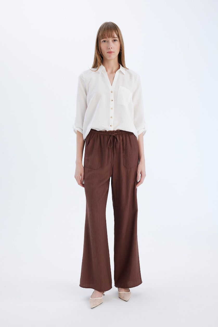 FEMME Marron Pantalon large à taille haute avec poches