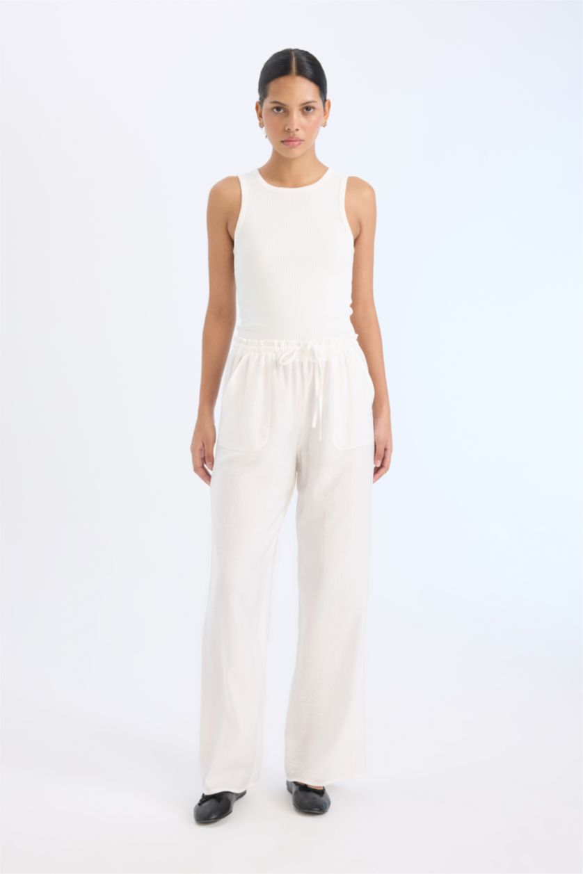 Женщины Бежевый Прямые брюки с карманами, высокой талией, широкими ногами, длинные, из ткани кринкль