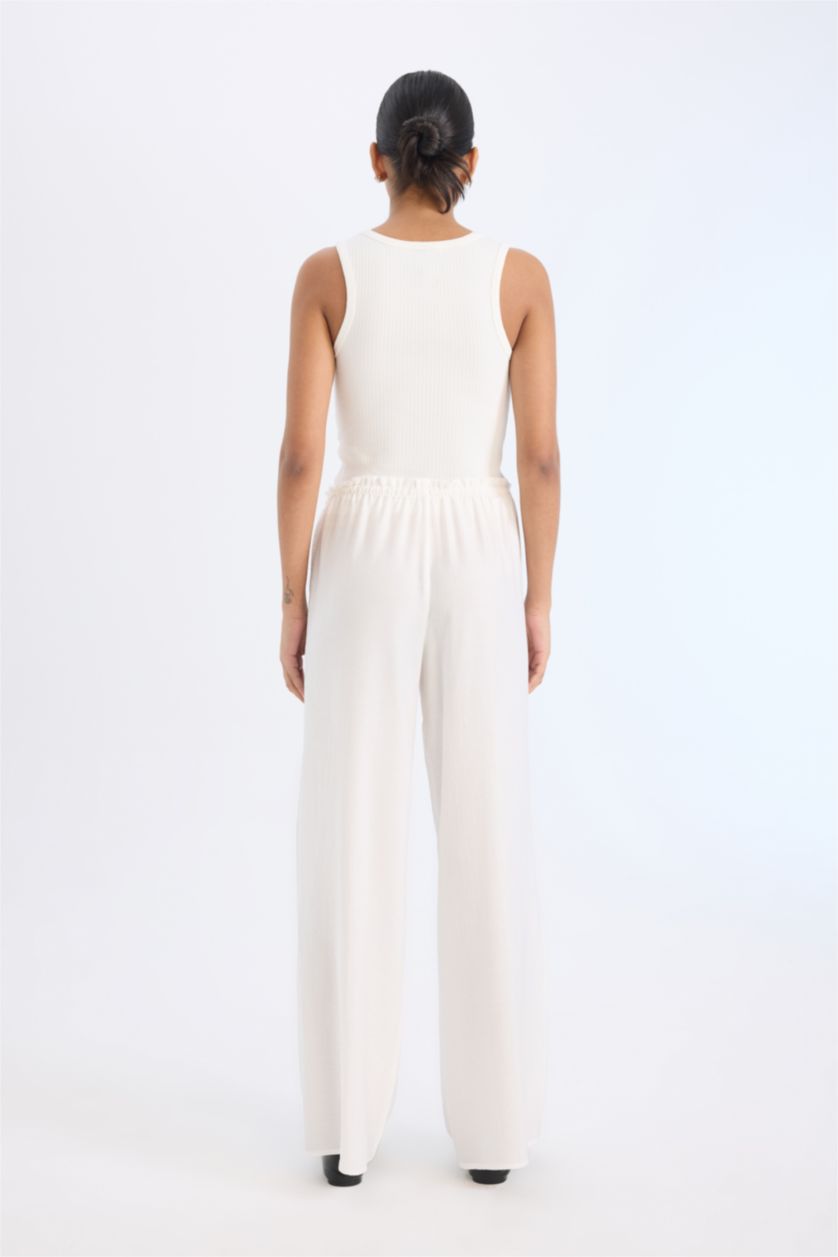 Женщины Бежевый Прямые брюки с карманами, высокой талией, широкими ногами, длинные, из ткани кринкль