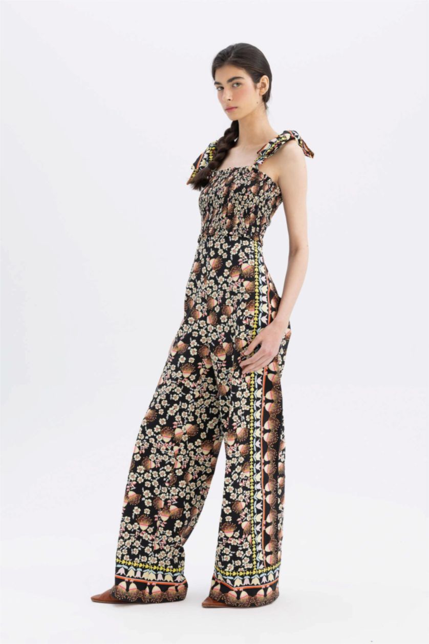 Kadın Siyah Lug Von Siga x DeFacto Desenli Bağlanabilir Askılı Poplin Uzun Tulum