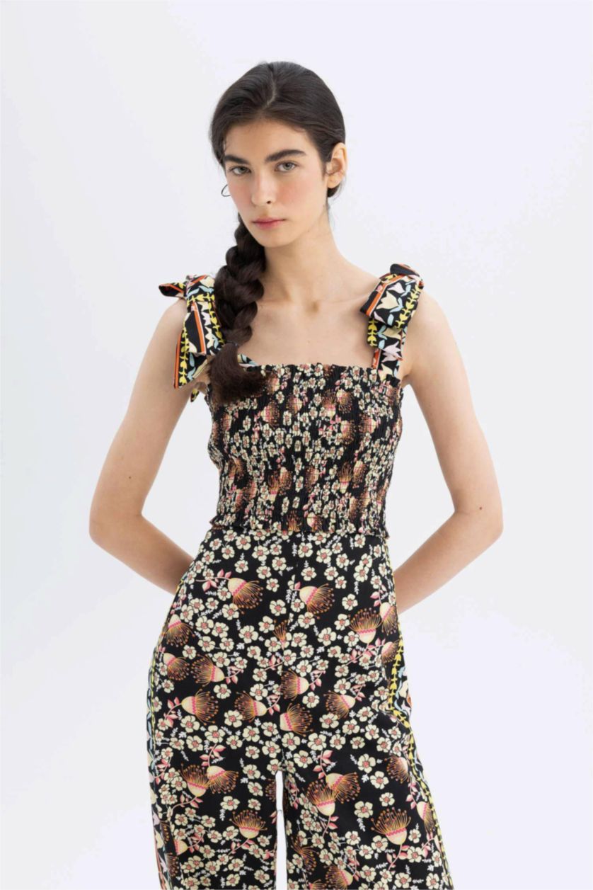 Kadın Siyah Lug Von Siga x DeFacto Desenli Bağlanabilir Askılı Poplin Uzun Tulum