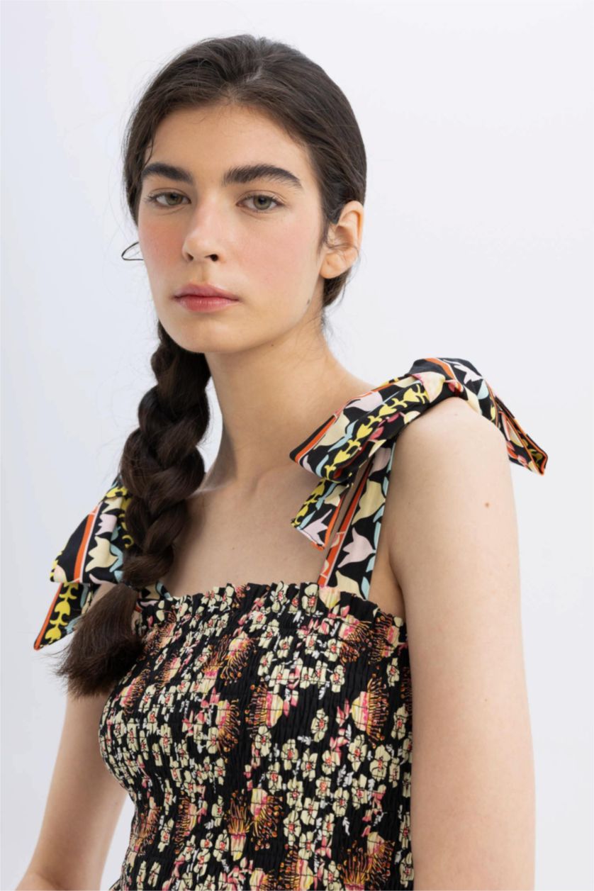 Kadın Siyah Lug Von Siga x DeFacto Desenli Bağlanabilir Askılı Poplin Uzun Tulum