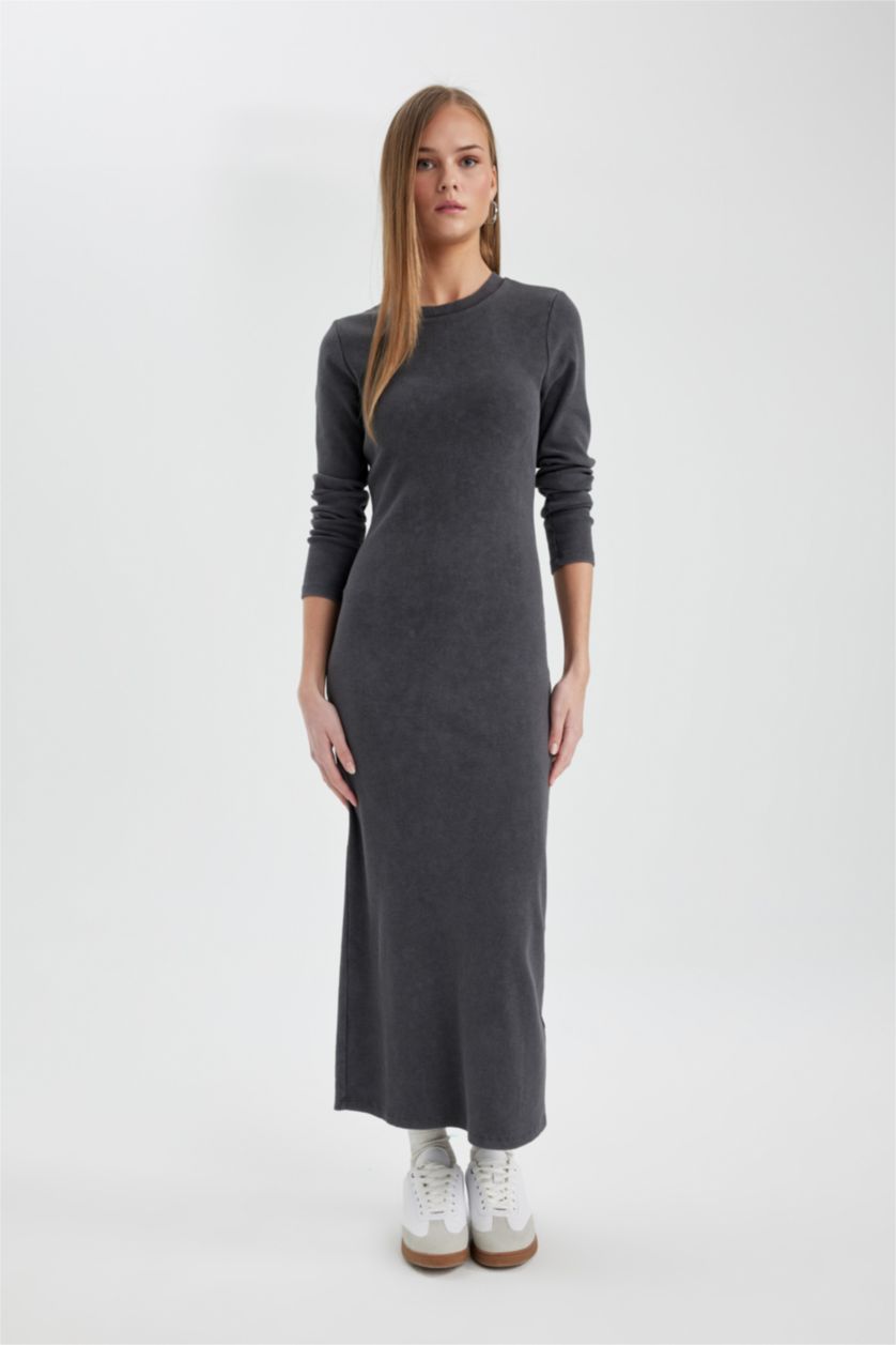 Kadın Antrasit Bodycon Bisiklet Yaka Fitilli Kaşkorse Maxi Uzun Kollu Yıkamalı Soluk Efektli Elbise