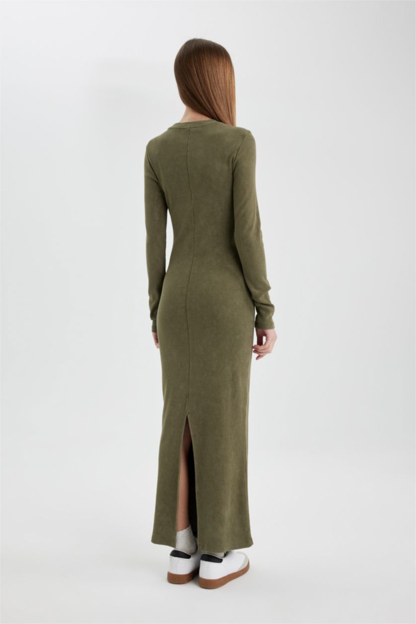 نساء كاكي فستان طويل مضلع بوديكون ردن طويل وياخة مستديرة