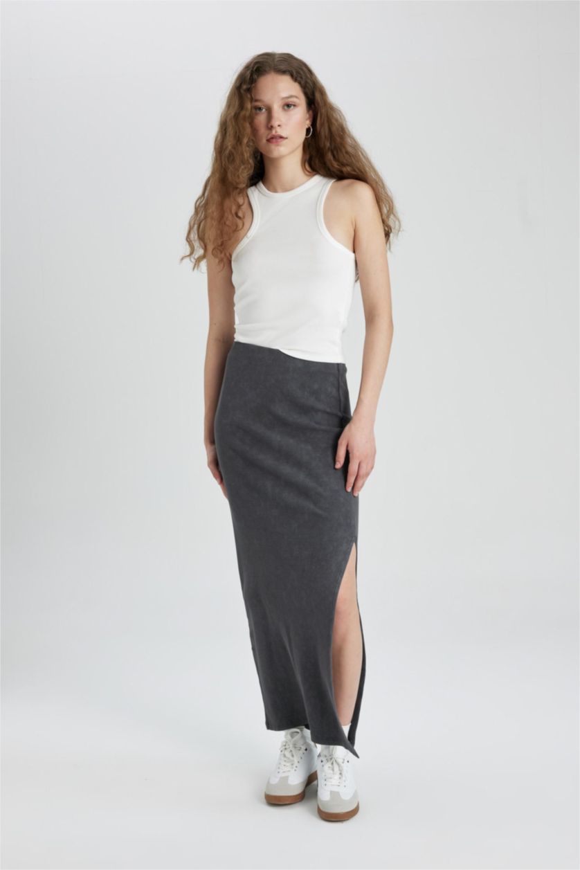 Woman Anthracite Pencil Skirt Camisole Maxi Knitted Skirt