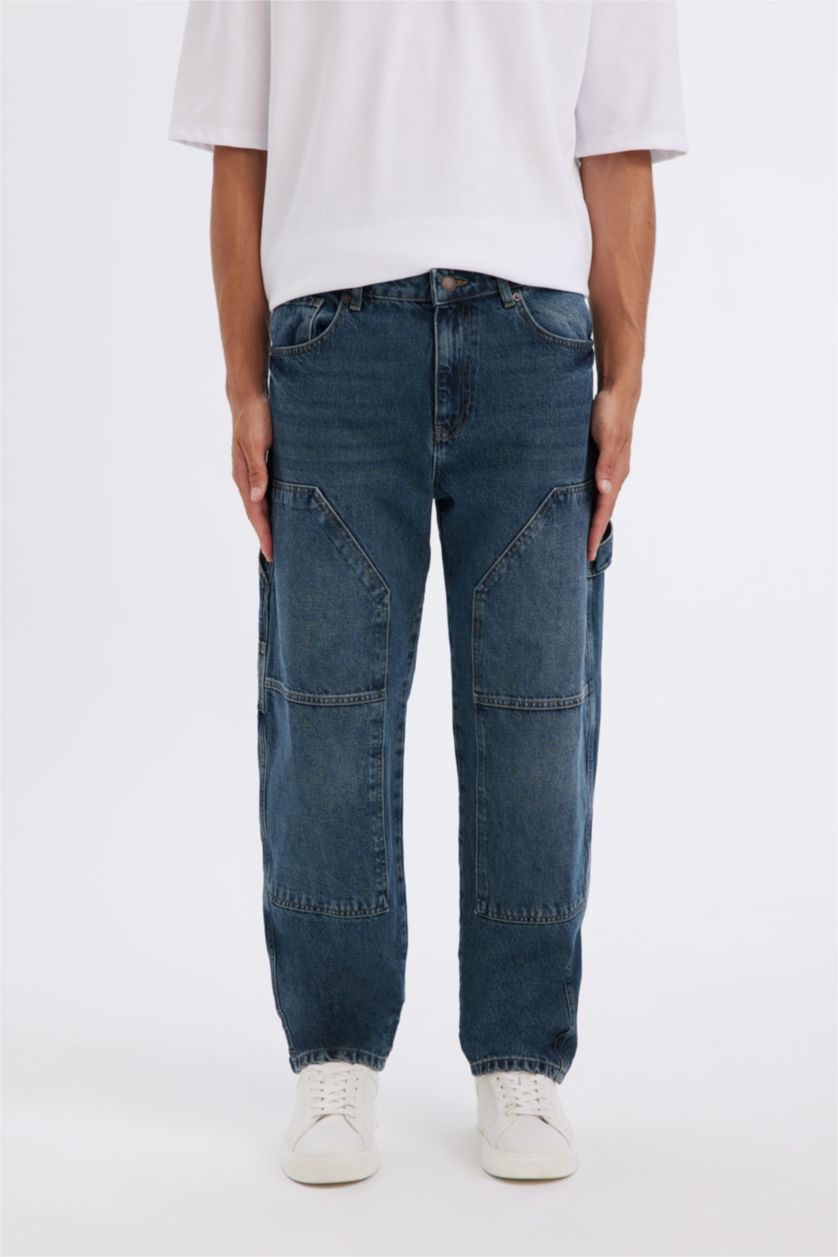HOMME Bleu Foncé Pantalon Jean à Jambe Large Et Taille Normale