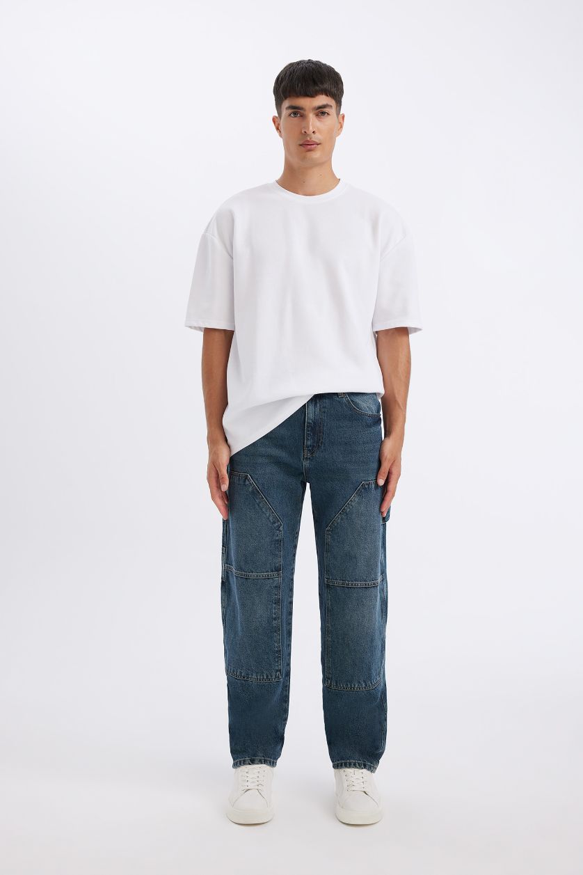 HOMME Bleu Foncé Pantalon Jean à Jambe Large Et Taille Normale