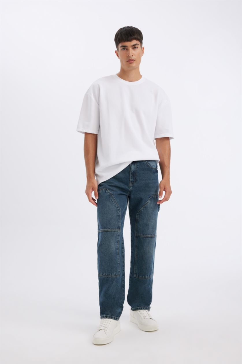 HOMME Bleu Foncé Pantalon Jean à Jambe Large Et Taille Normale