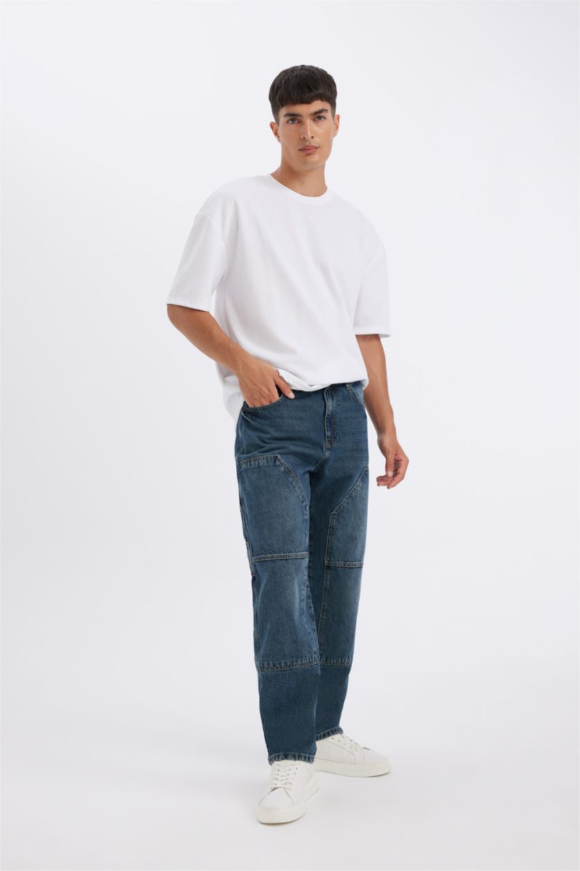 HOMME Bleu Foncé Pantalon Jean à Jambe Large Et Taille Normale