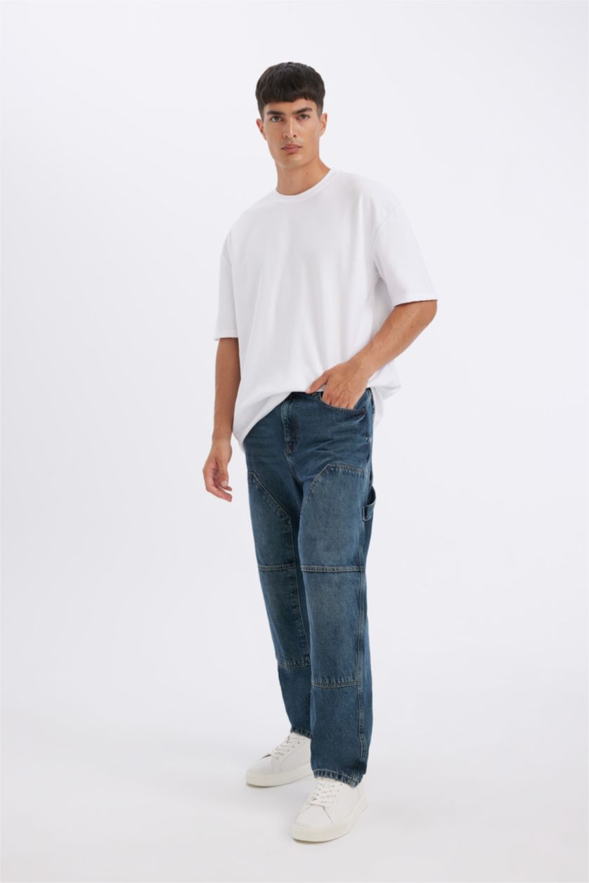 HOMME Bleu Foncé Pantalon Jean à Jambe Large Et Taille Normale