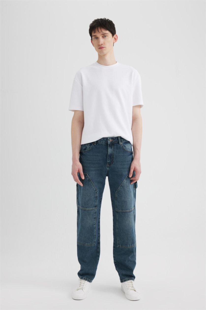 HOMME Bleu Foncé Pantalon Jean à Jambe Large Et Taille Normale