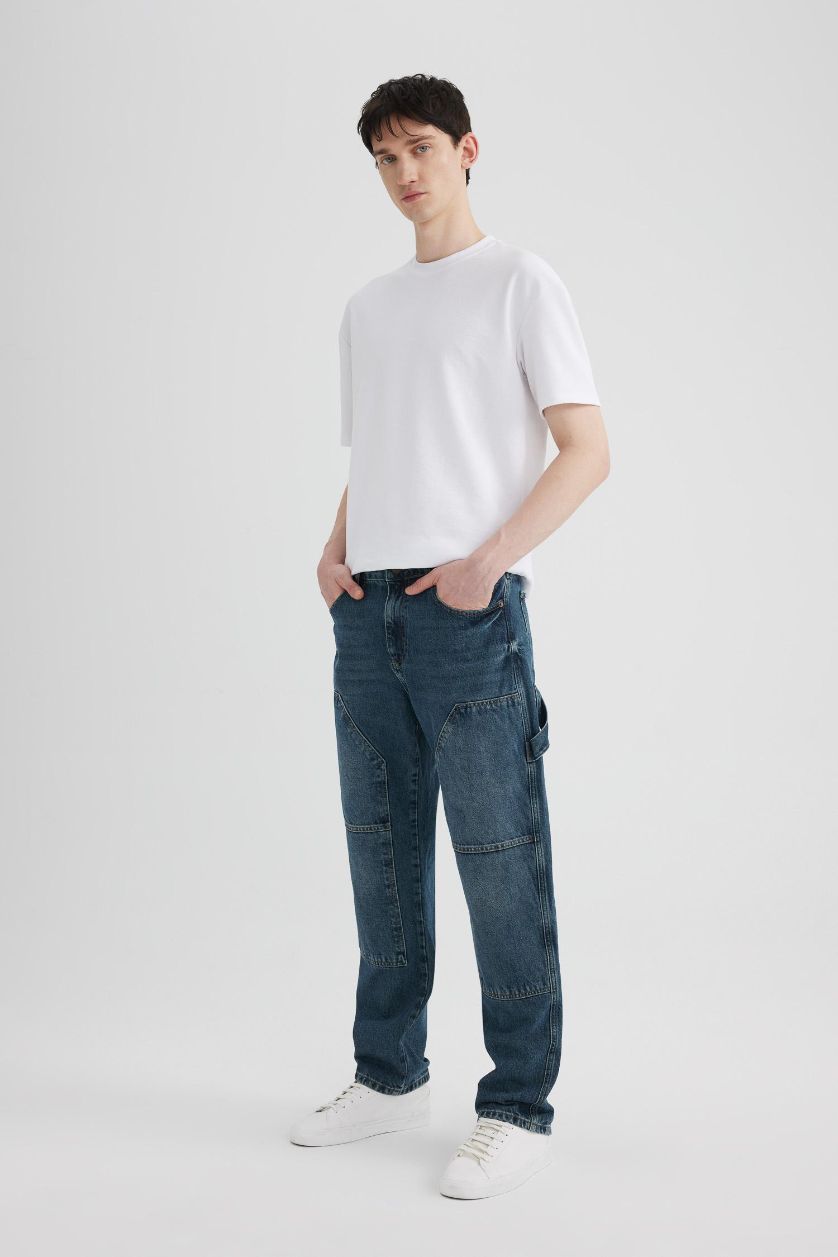 HOMME Bleu Foncé Pantalon Jean à Jambe Large Et Taille Normale