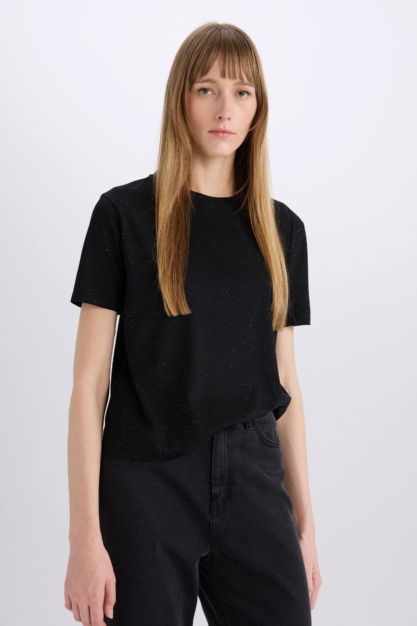 Woman Black Relax Fit Crew Neck Short Sleeve T-Shirt