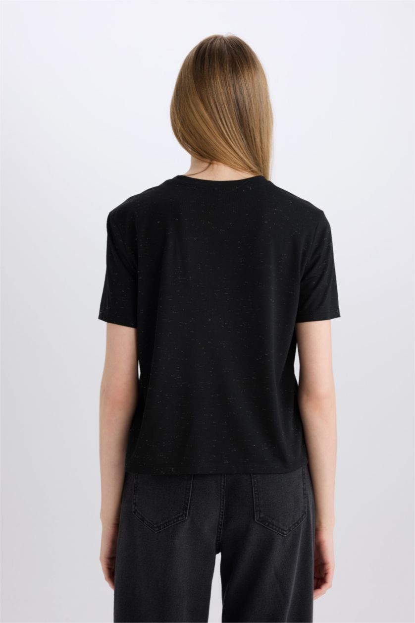 Woman Black Relax Fit Crew Neck Short Sleeve T-Shirt