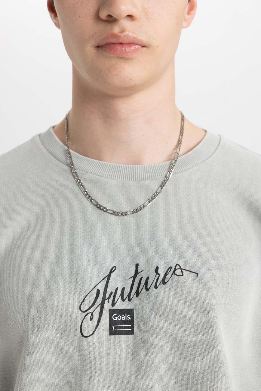 رجال رمادي فاتح سويت شيرت بطبعة شعار قصة مريحة بياخة مستديرة