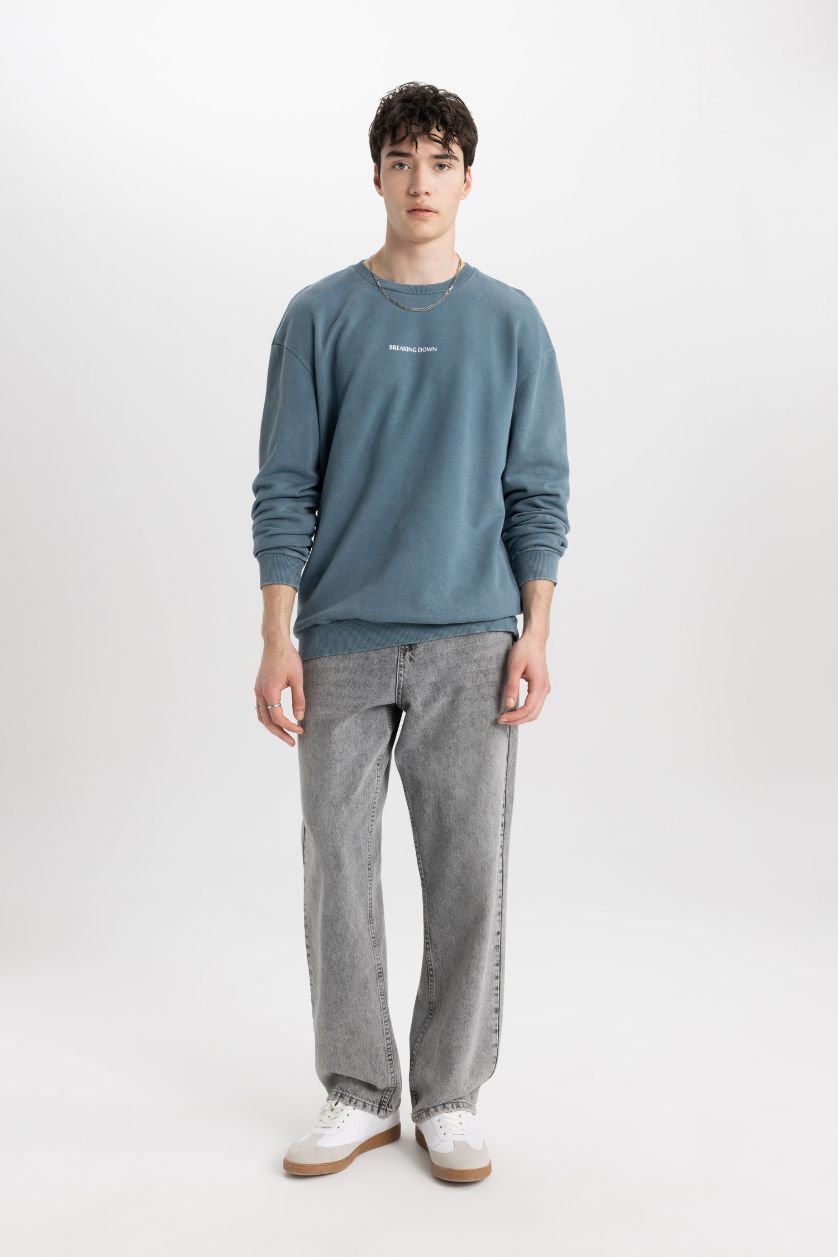 Erkek İndigo %100 Pamuk Comfort Regular Fit Rahat Kalıp Bisiklet Yaka Sırt Baskılı Yıkamalı Soluk Efektli Sweatshirt