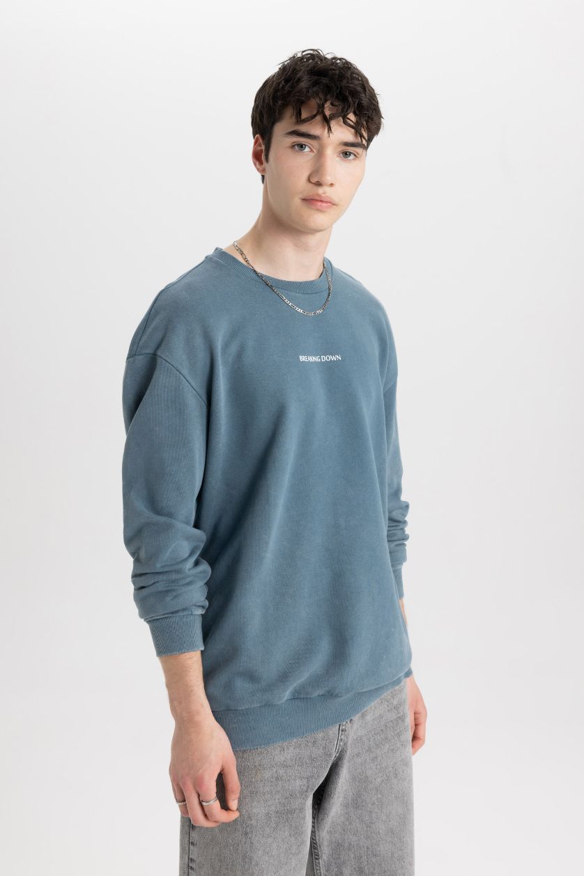 Erkek İndigo %100 Pamuk Comfort Regular Fit Rahat Kalıp Bisiklet Yaka Sırt Baskılı Yıkamalı Soluk Efektli Sweatshirt
