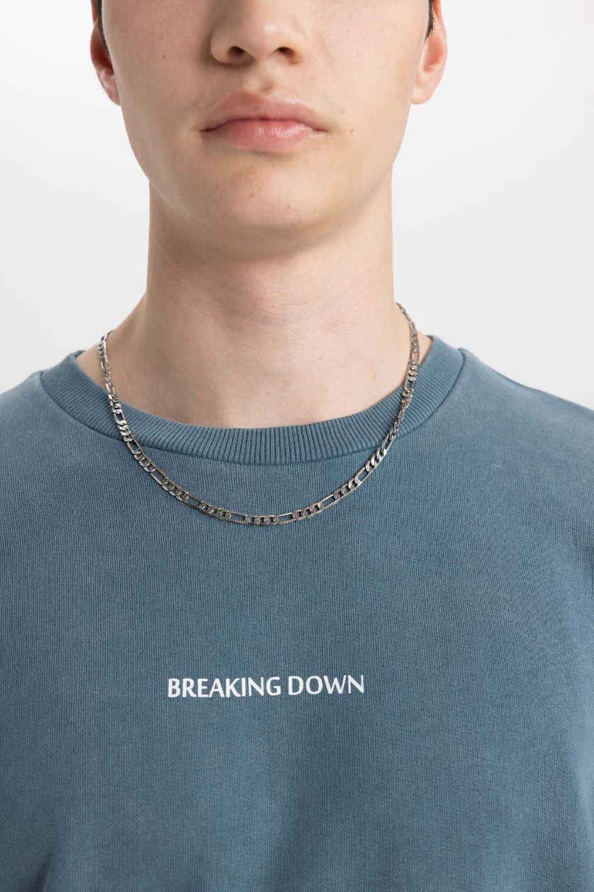 Erkek İndigo %100 Pamuk Comfort Regular Fit Rahat Kalıp Bisiklet Yaka Sırt Baskılı Yıkamalı Soluk Efektli Sweatshirt