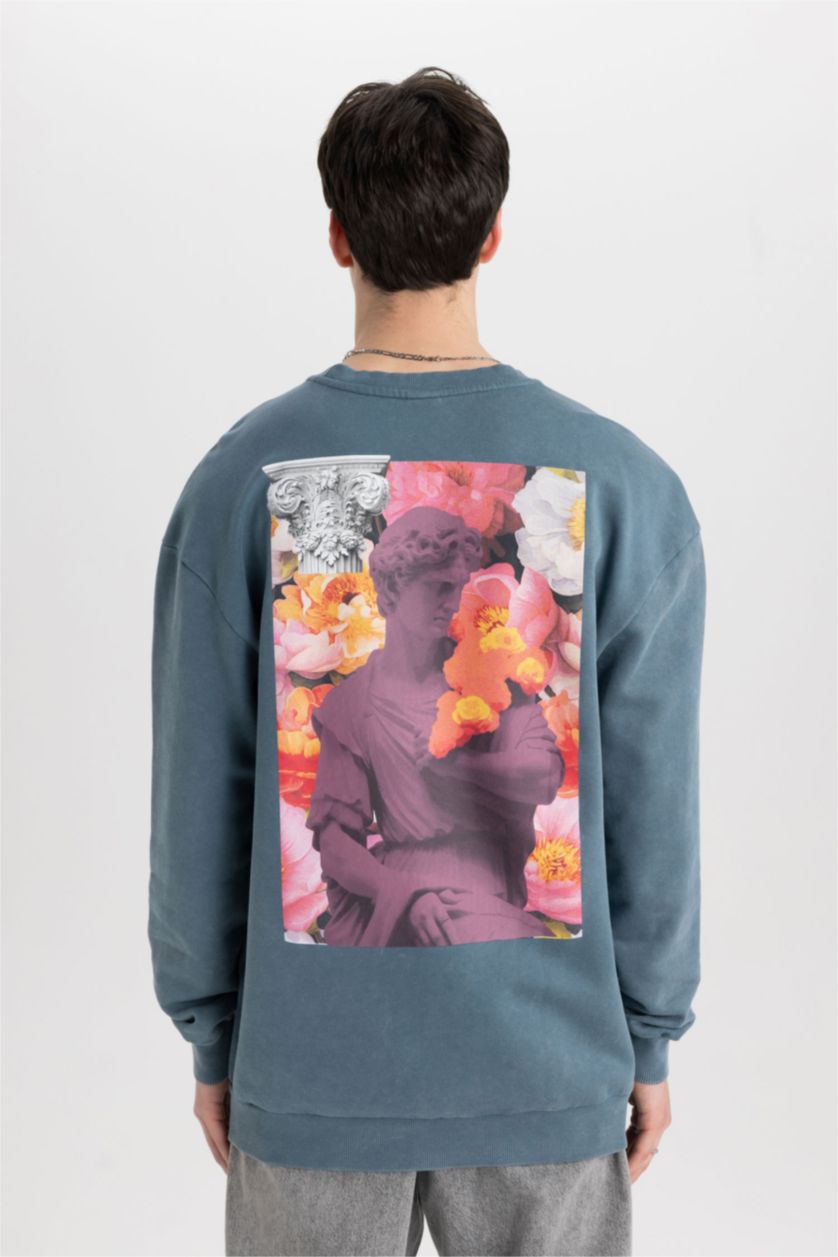 Erkek İndigo %100 Pamuk Comfort Regular Fit Rahat Kalıp Bisiklet Yaka Sırt Baskılı Yıkamalı Soluk Efektli Sweatshirt