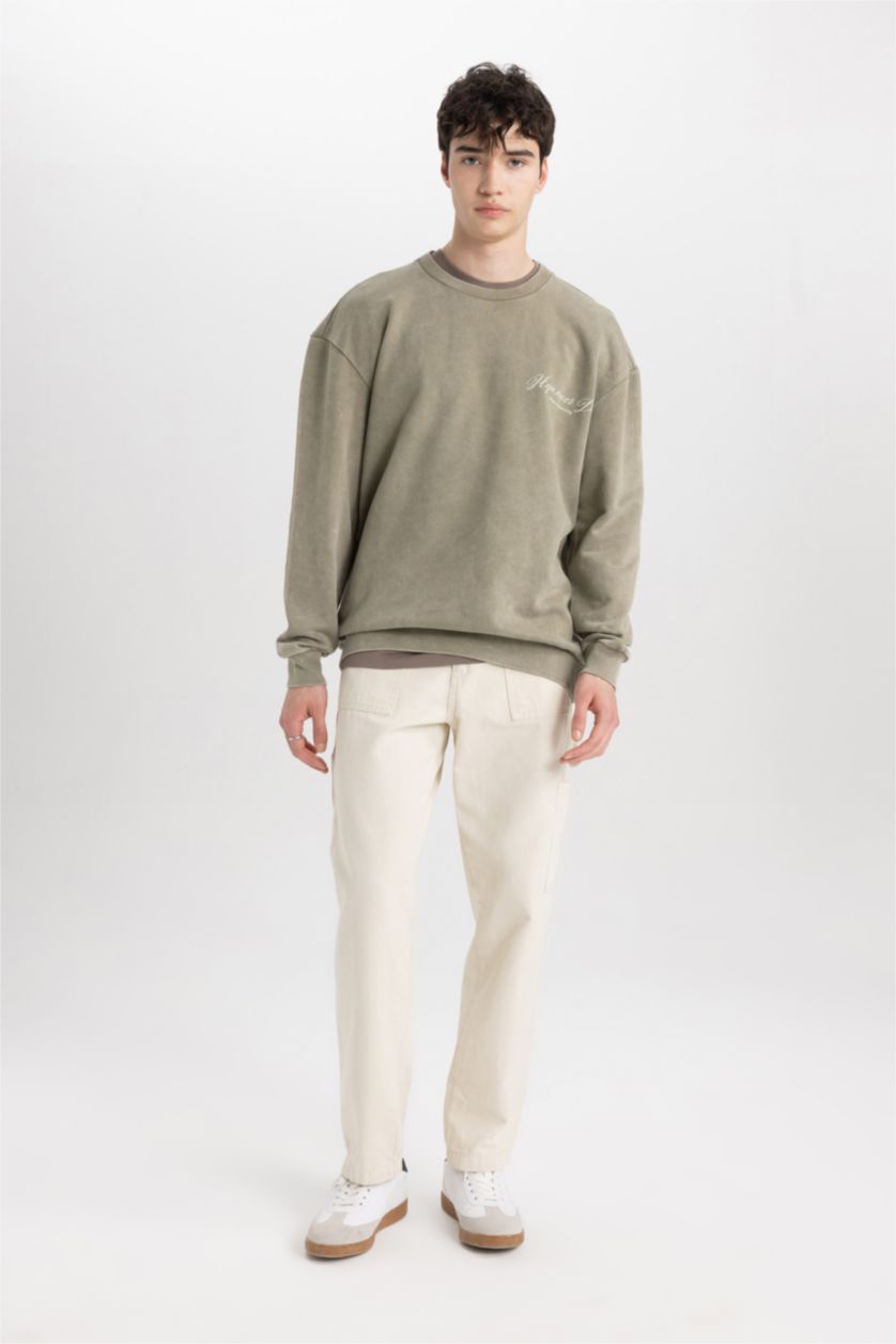 Erkek Haki Comfort Regular Fit Rahat Kalıp Bisiklet Yaka Sırt Baskılı Sweatshirt