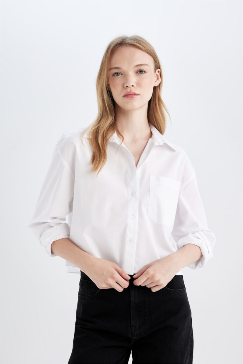 حريمي اوف وايت قميص اوفر سايز كم طويل بوبلين