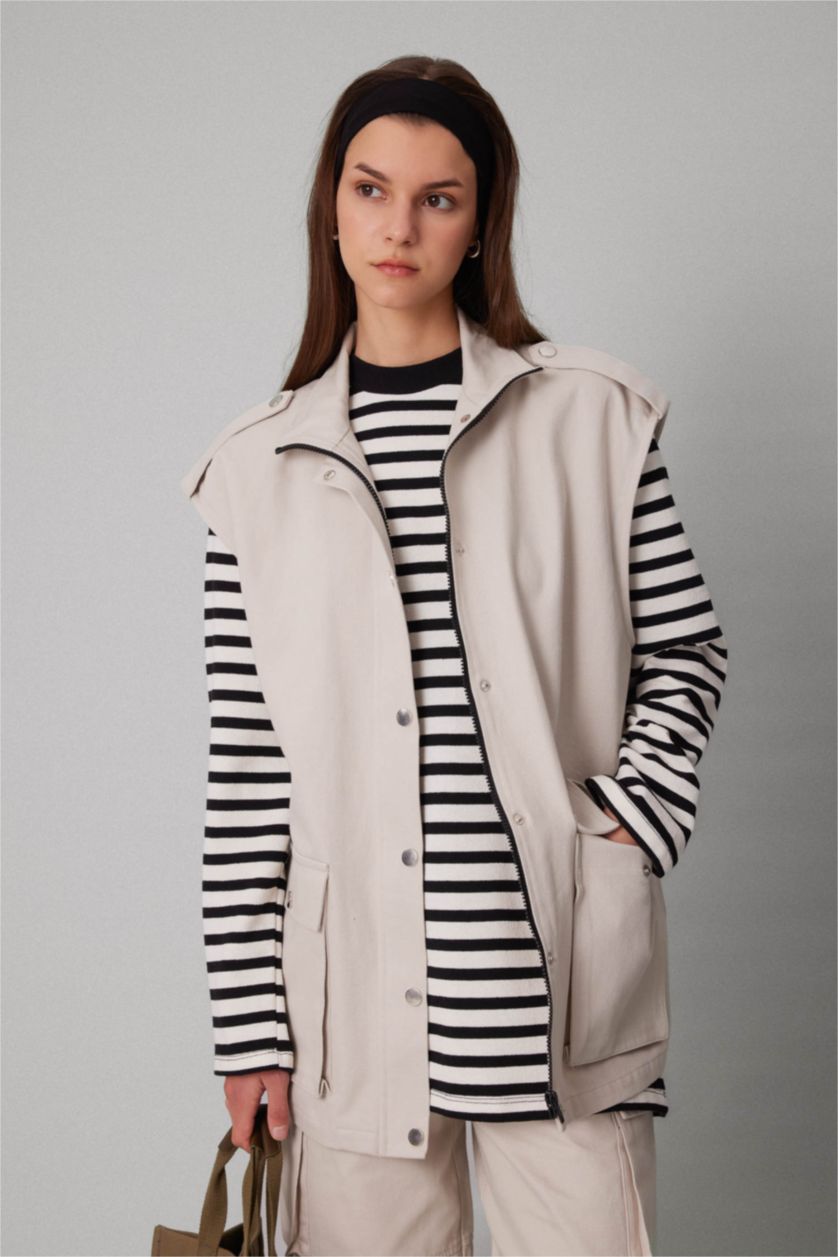 WOMAN Beige Half Turtleneck Gabardine Vest