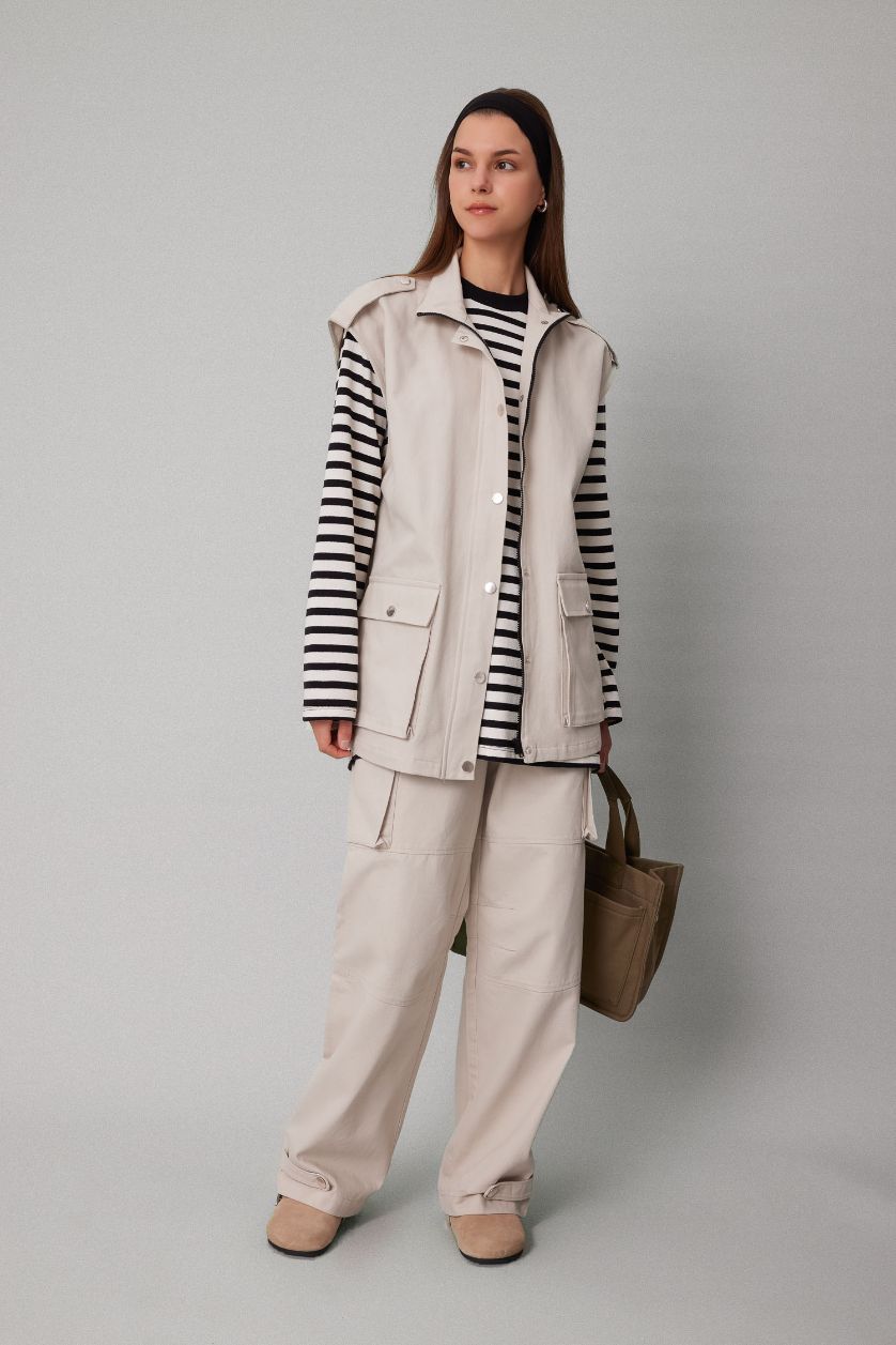 WOMAN Beige Half Turtleneck Gabardine Vest