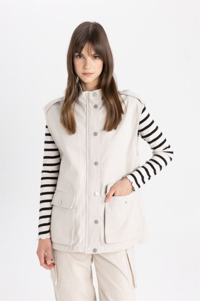 WOMAN Beige Half Turtleneck Gabardine Vest