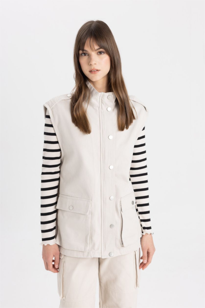 WOMAN Beige Half Turtleneck Gabardine Vest