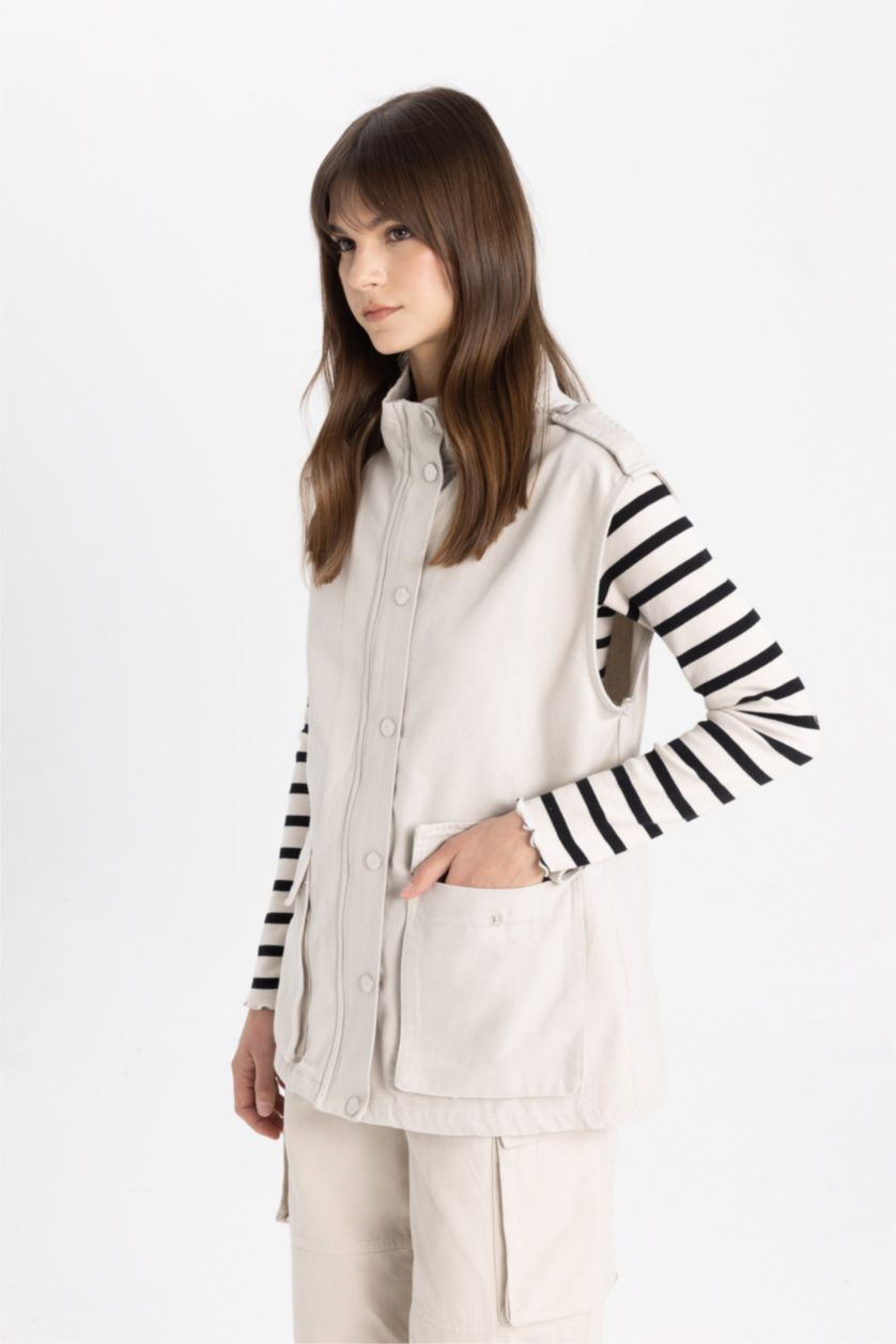 WOMAN Beige Half Turtleneck Gabardine Vest