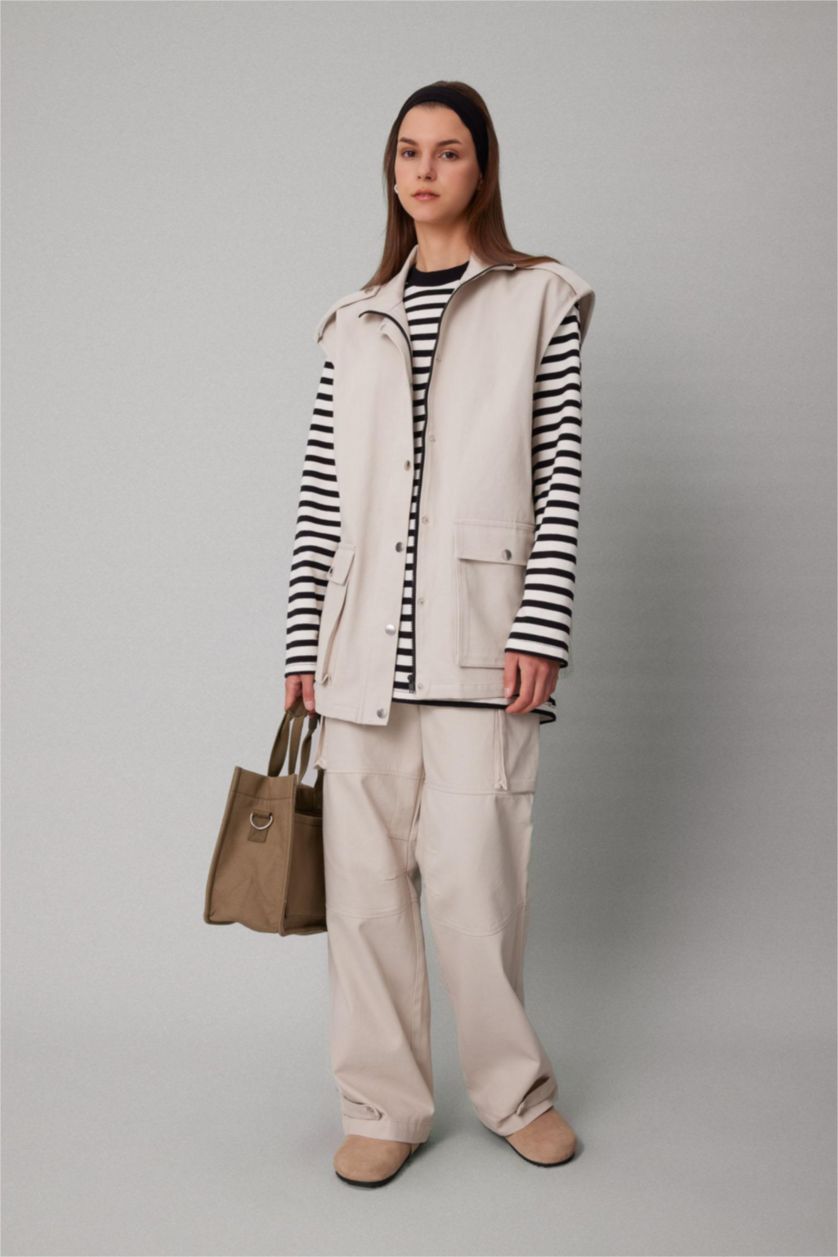 Kadın Bej Kargo Cepli Basic Düz Gabardin Pantolon