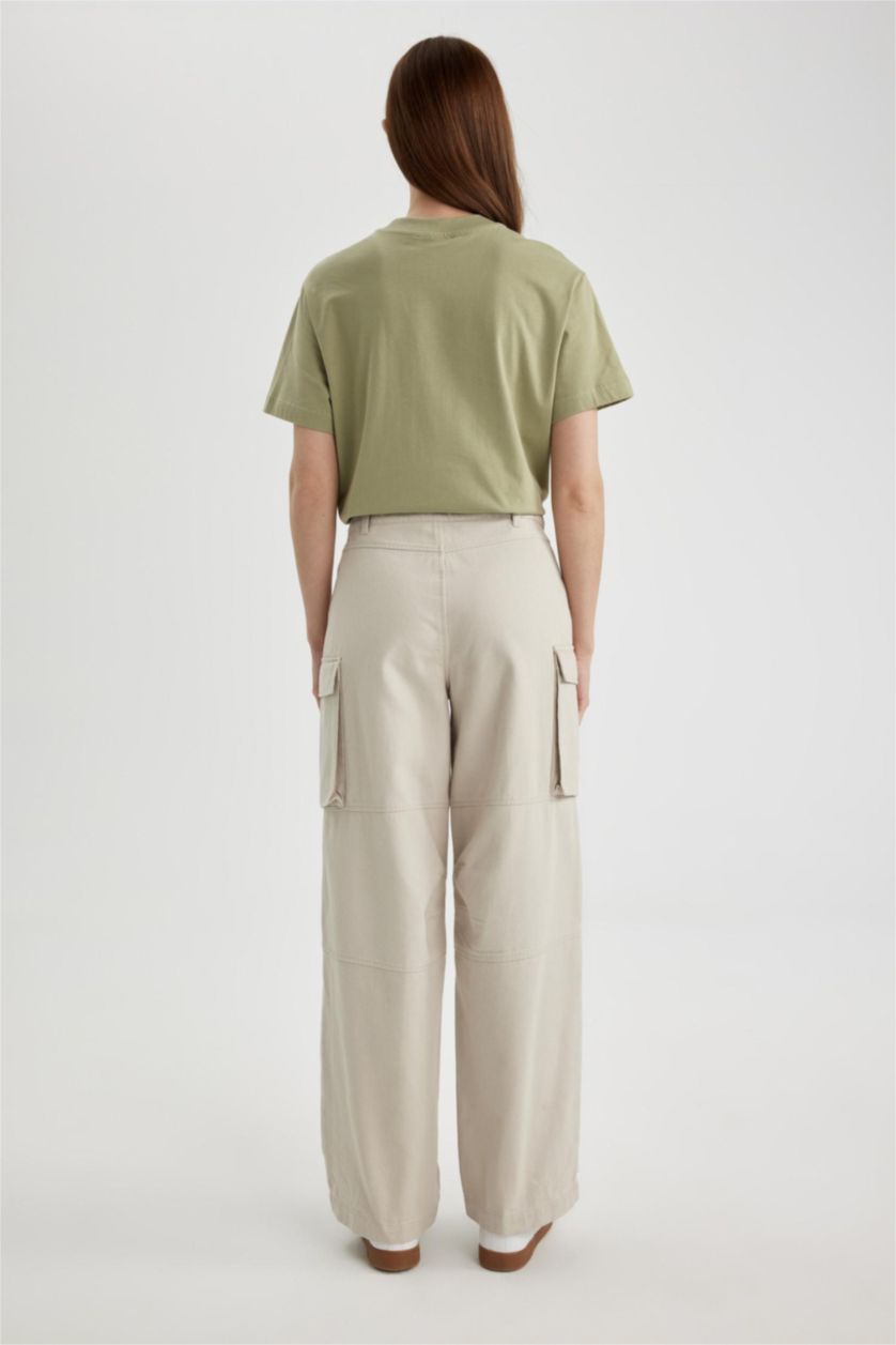 Kadın Bej Kargo Cepli Basic Düz Gabardin Pantolon