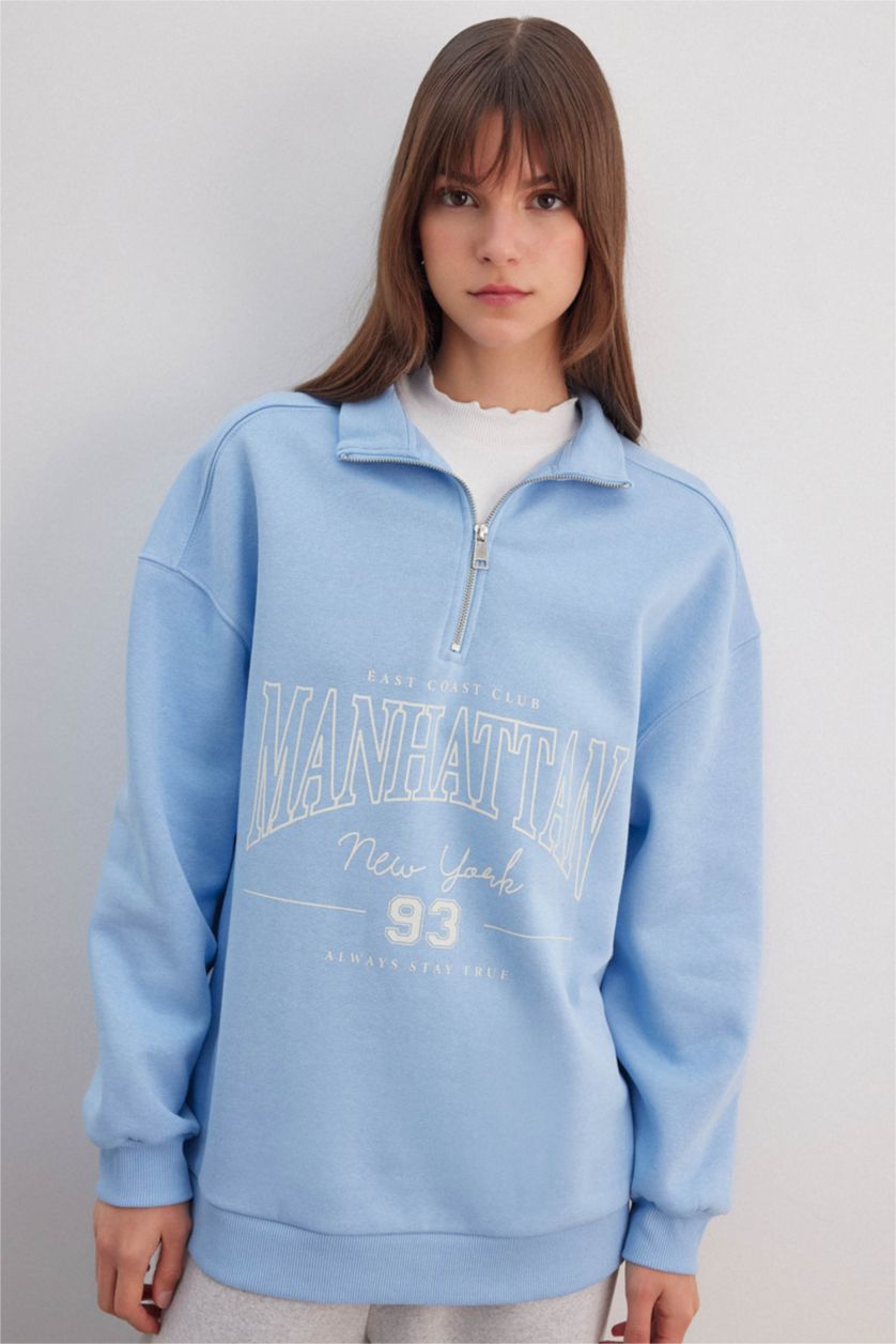 WOMAN Blue Regular Fit Crew Neck Soft Fluffy Thick Sweatshirt Tunic