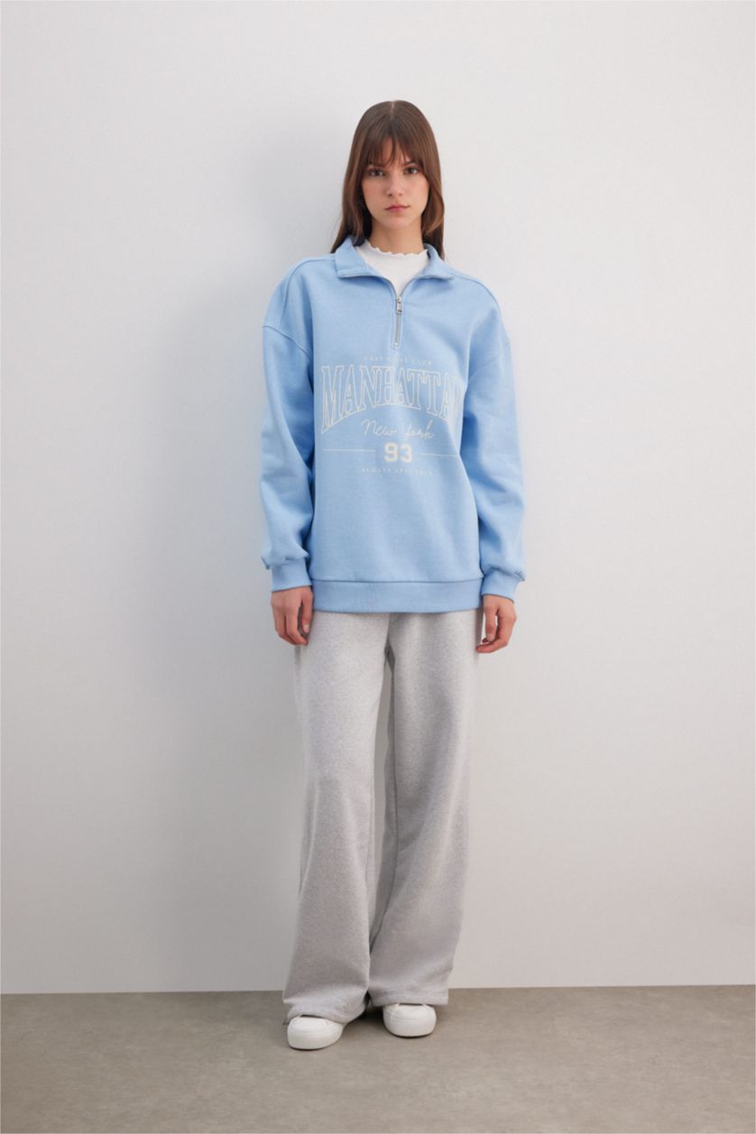 WOMAN Blue Regular Fit Crew Neck Soft Fluffy Thick Sweatshirt Tunic