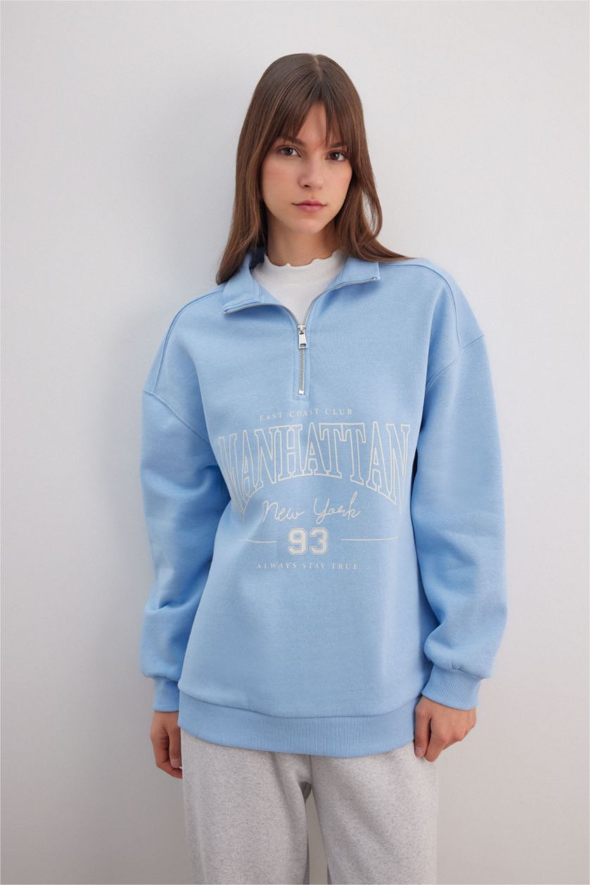 WOMAN Blue Regular Fit Crew Neck Soft Fluffy Thick Sweatshirt Tunic