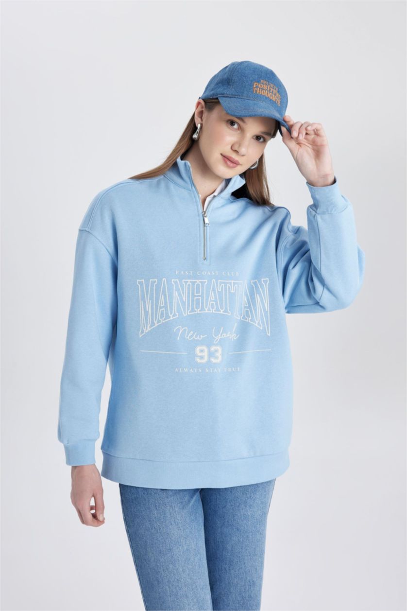 WOMAN Blue Regular Fit Crew Neck Soft Fluffy Thick Sweatshirt Tunic