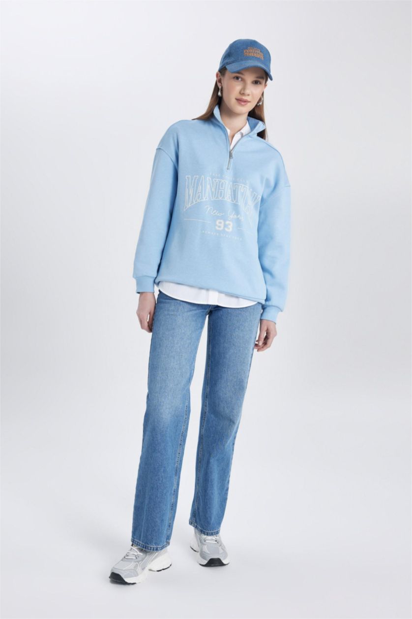 WOMAN Blue Regular Fit Crew Neck Soft Fluffy Thick Sweatshirt Tunic