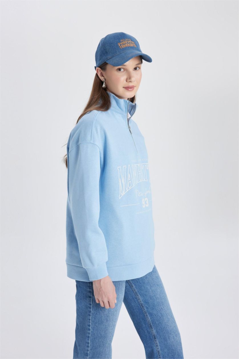 WOMAN Blue Regular Fit Crew Neck Soft Fluffy Thick Sweatshirt Tunic