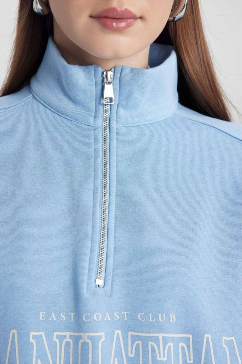 WOMAN Blue Regular Fit Crew Neck Soft Fluffy Thick Sweatshirt Tunic