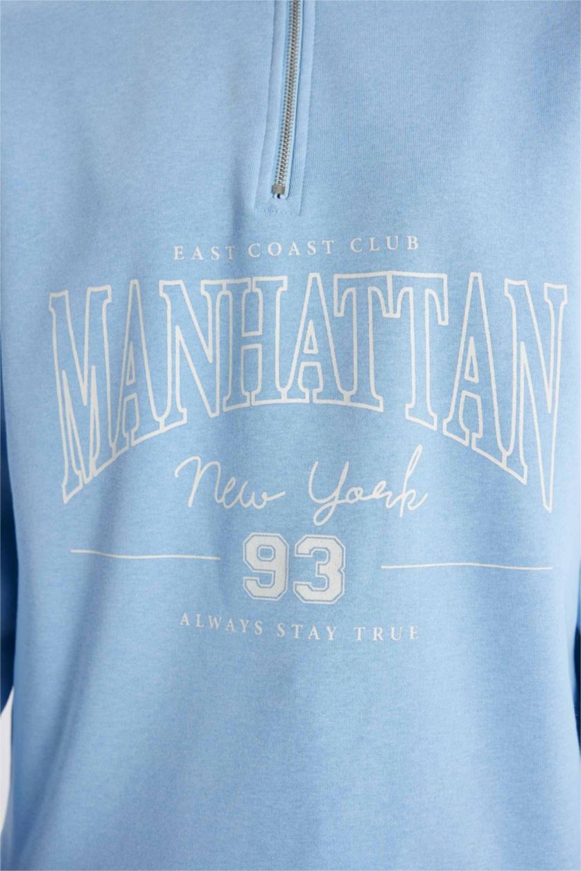 WOMAN Blue Regular Fit Crew Neck Soft Fluffy Thick Sweatshirt Tunic