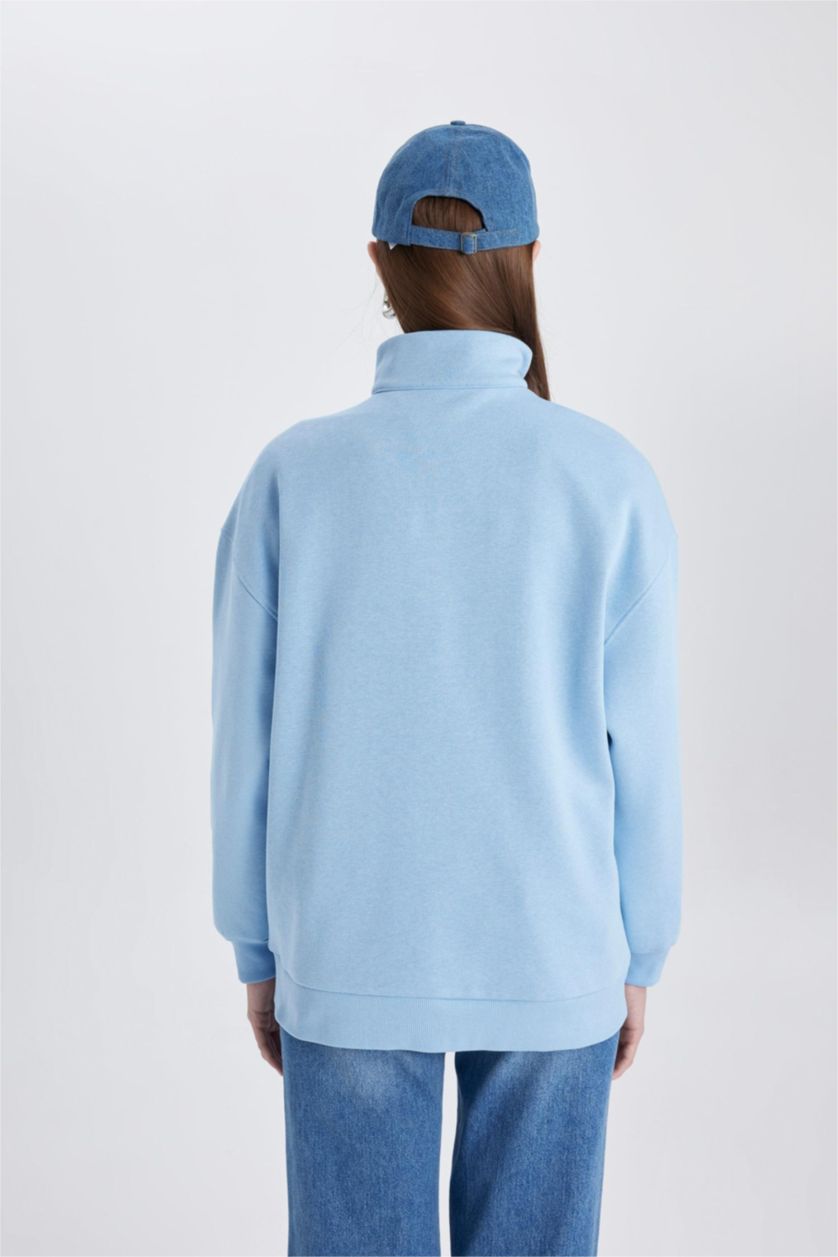 WOMAN Blue Regular Fit Crew Neck Soft Fluffy Thick Sweatshirt Tunic