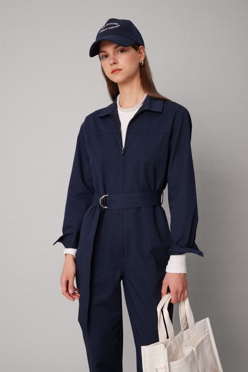 FEMME Marin Combinaison Ceinturée Gabardine Col Chemise à Manches Longues