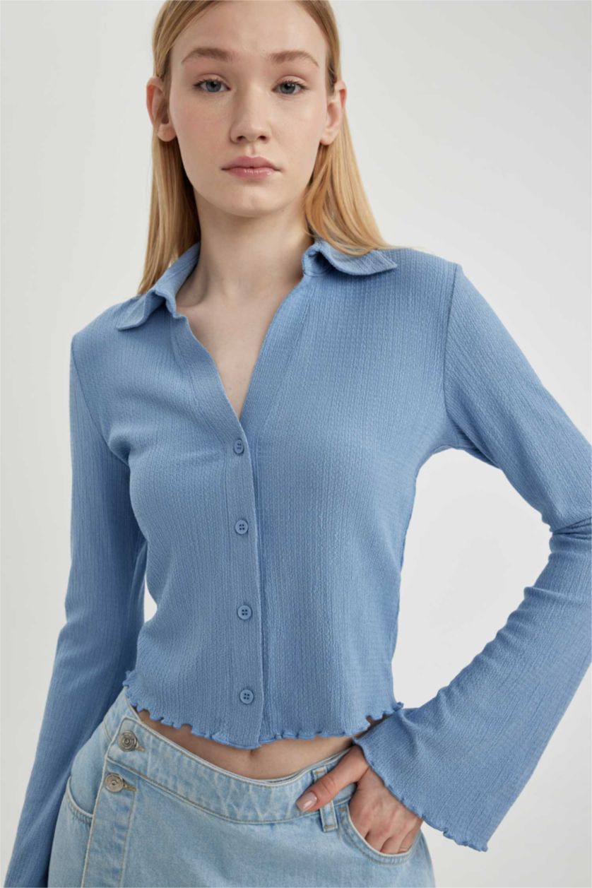 نساء أزرق قميص سليم فيت كم طويل