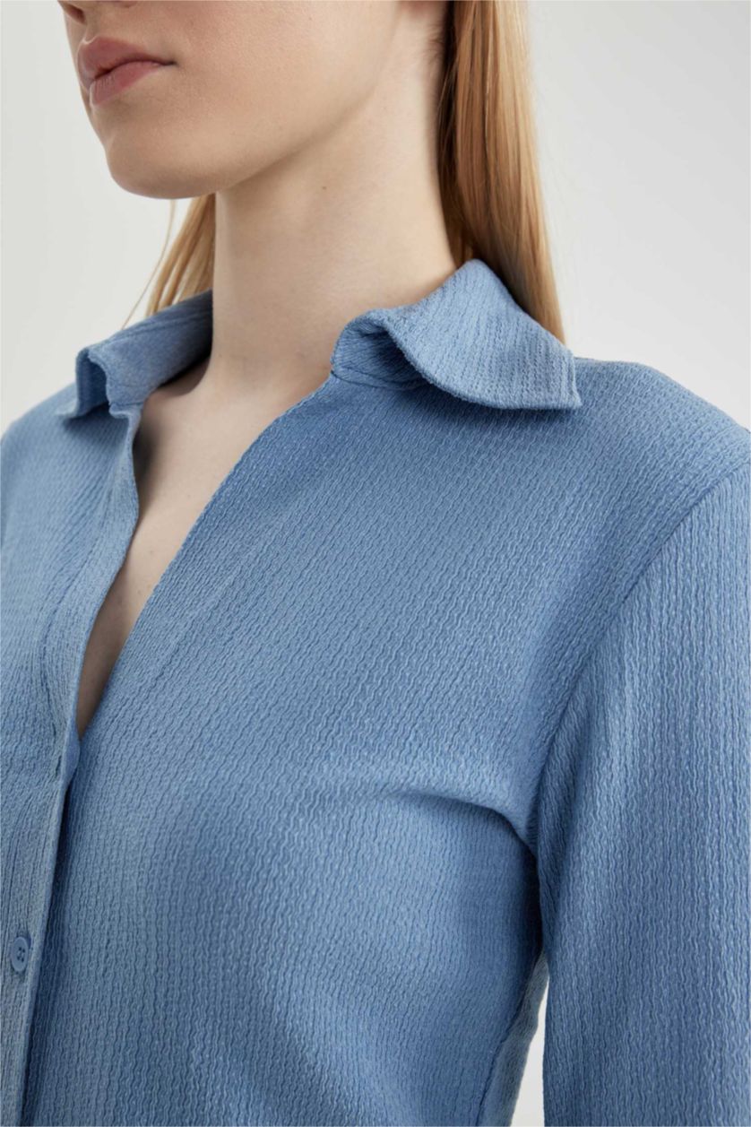 نساء أزرق قميص سليم فيت كم طويل