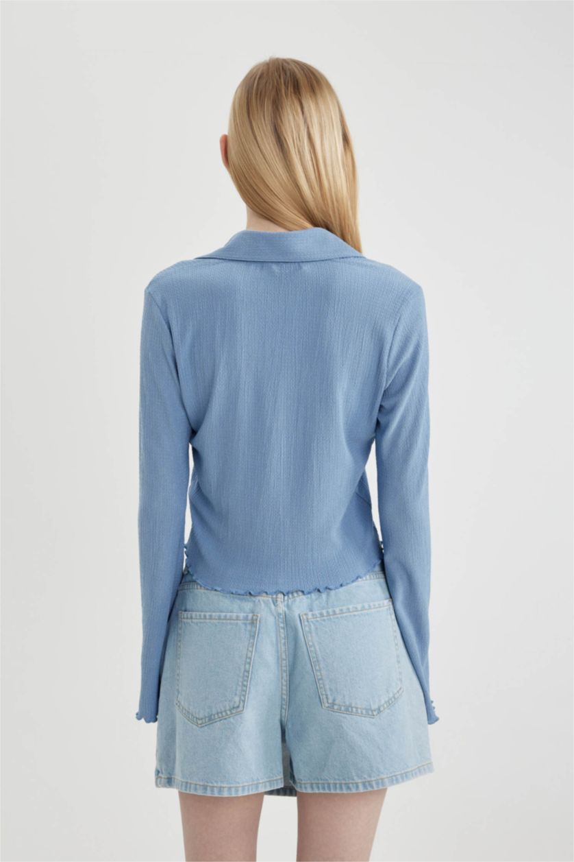 نساء أزرق قميص سليم فيت كم طويل