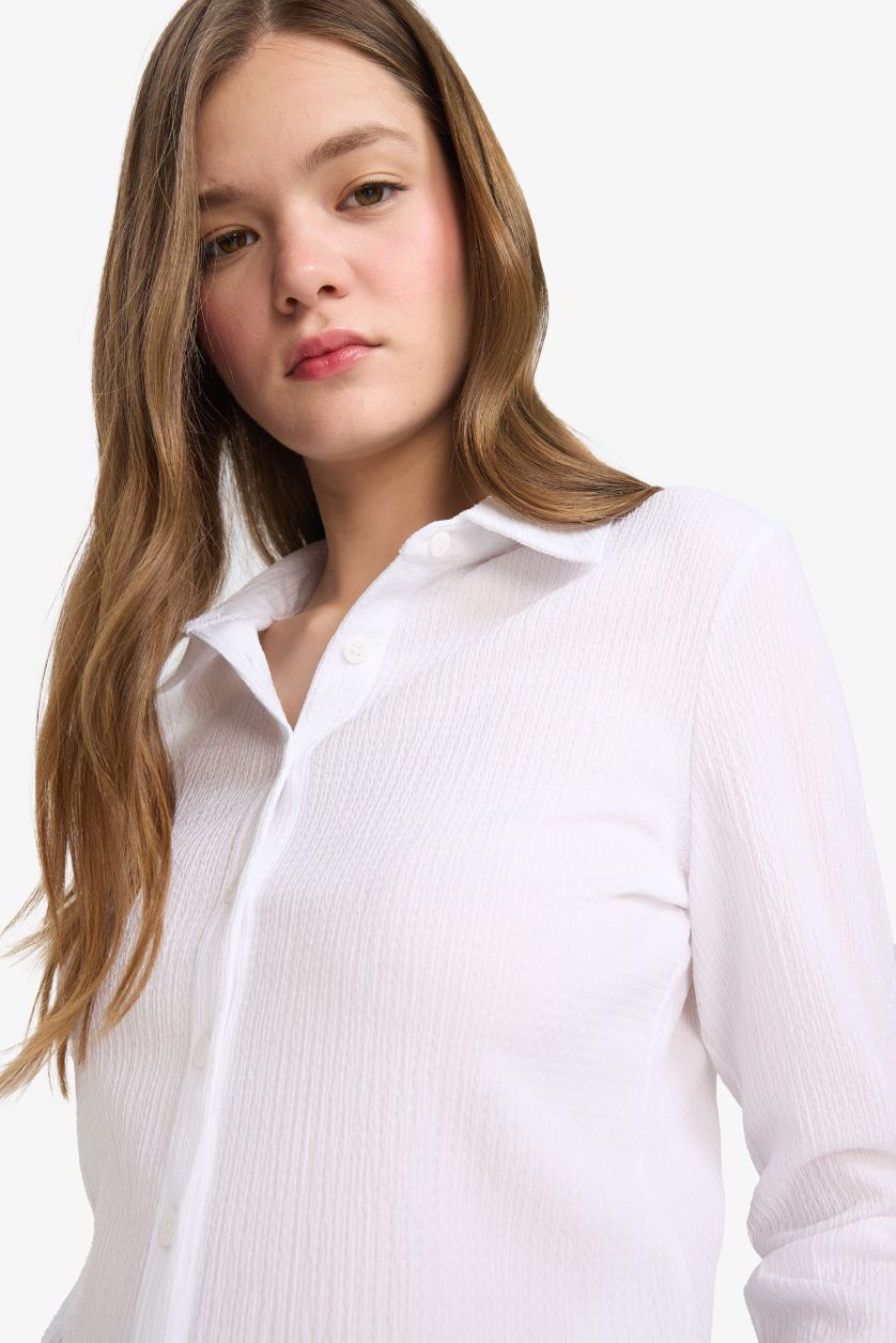 Woman White Slim Fit Shirt Collar Long Sleeve Shirt