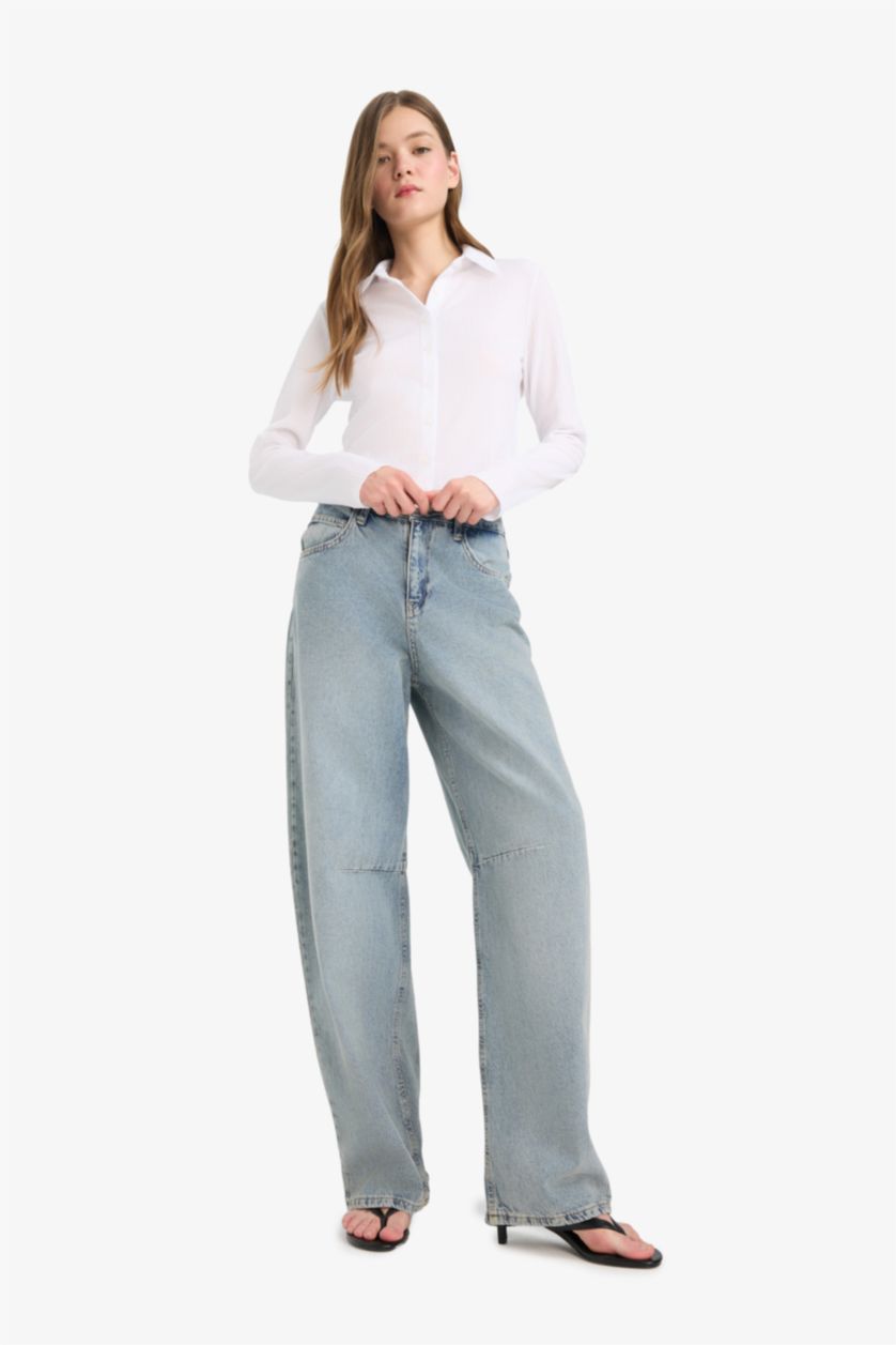 Woman White Slim Fit Shirt Collar Long Sleeve Shirt