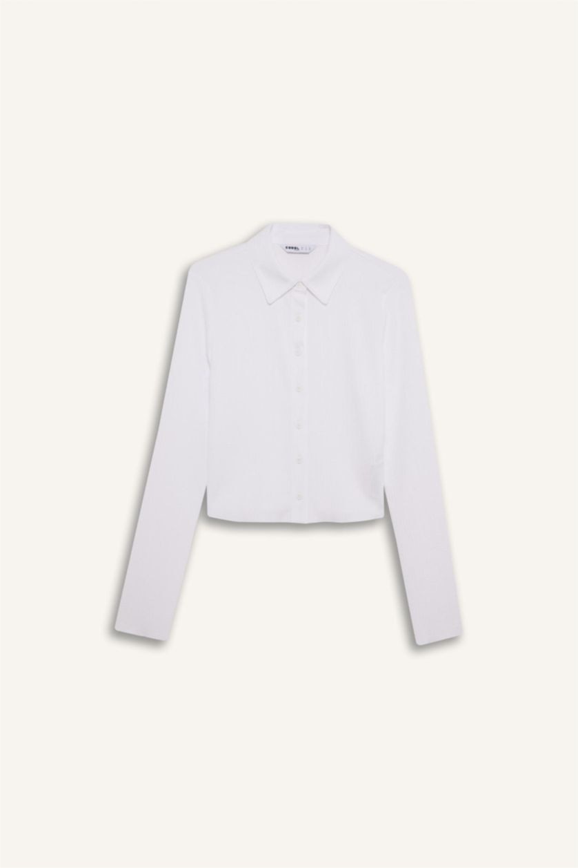 Woman White Slim Fit Shirt Collar Long Sleeve Shirt